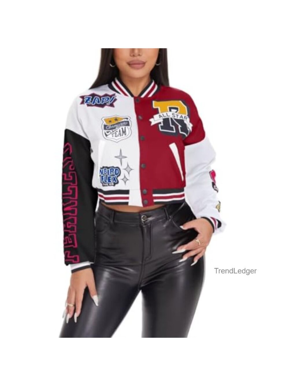 Women's Cropped Varsity Jacket Letter Print Colorblock Bomber Coat